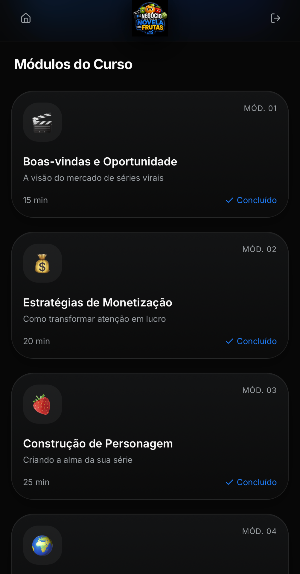 Print real da área de membros do guia, mostrando os módulos do curso